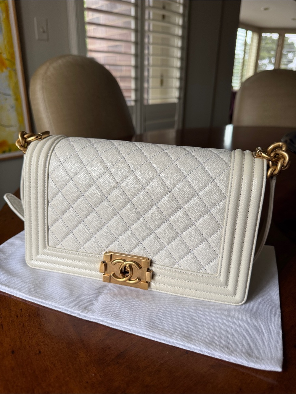 CHANEL Off White  Quilted Boy Shoulder Bag with Gold Hardware -  Microchip